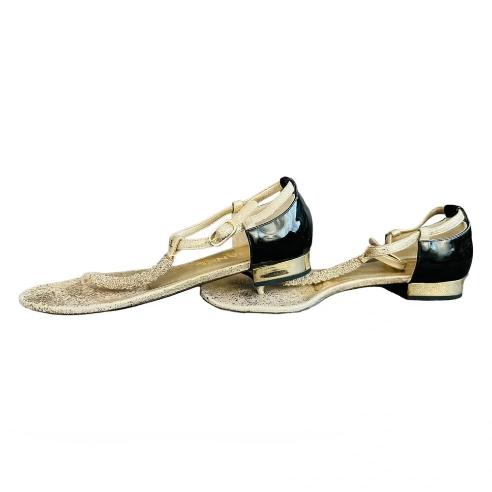 Chanel gold metallic flake leather sandals with black patten heels size 38